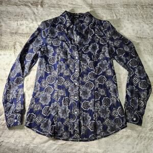 Jones New York Navy Long Sleeve Button Blouse Top Size S